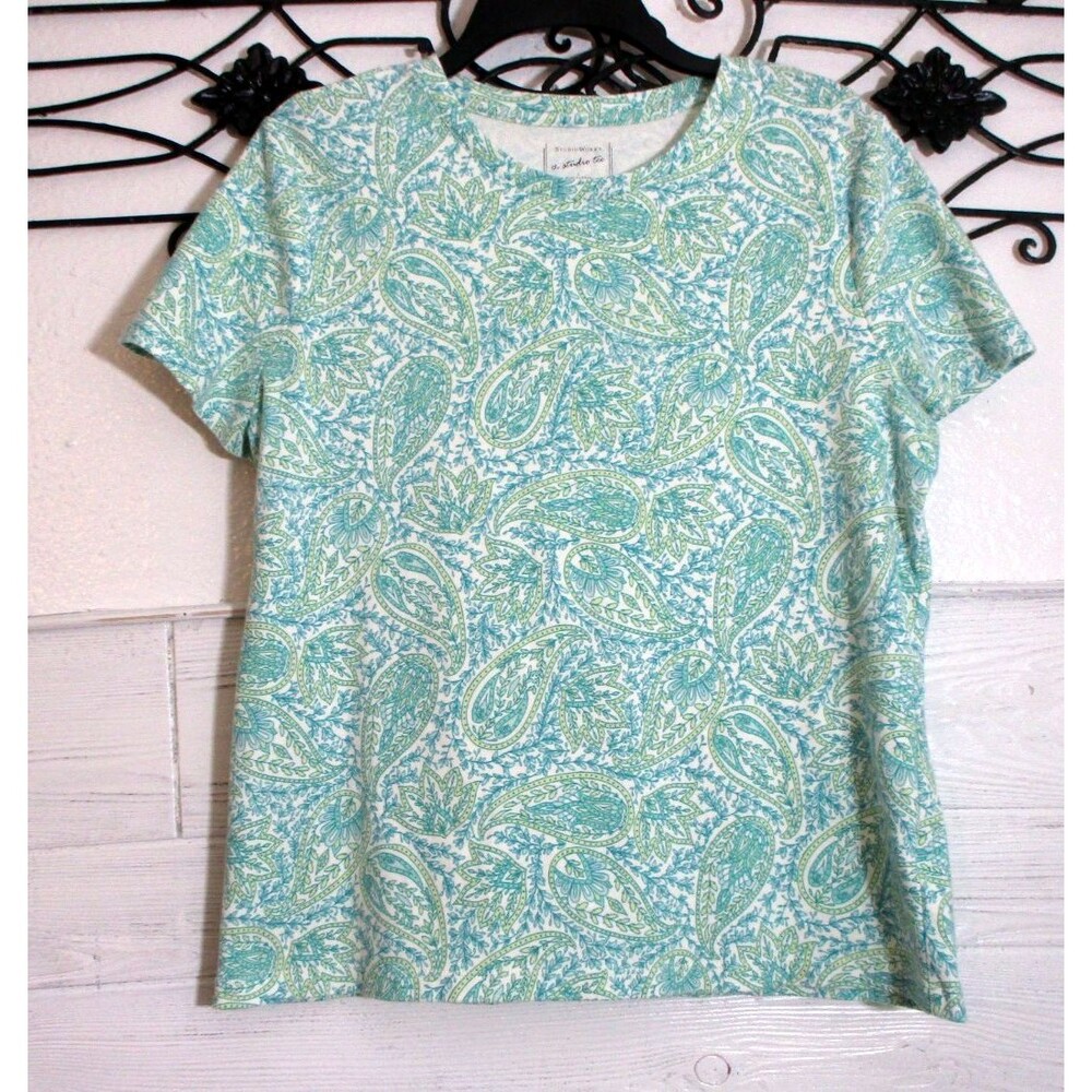 Studio Works Women's Knit Top Size L Short Sleeve Blue Paisley Round Neck